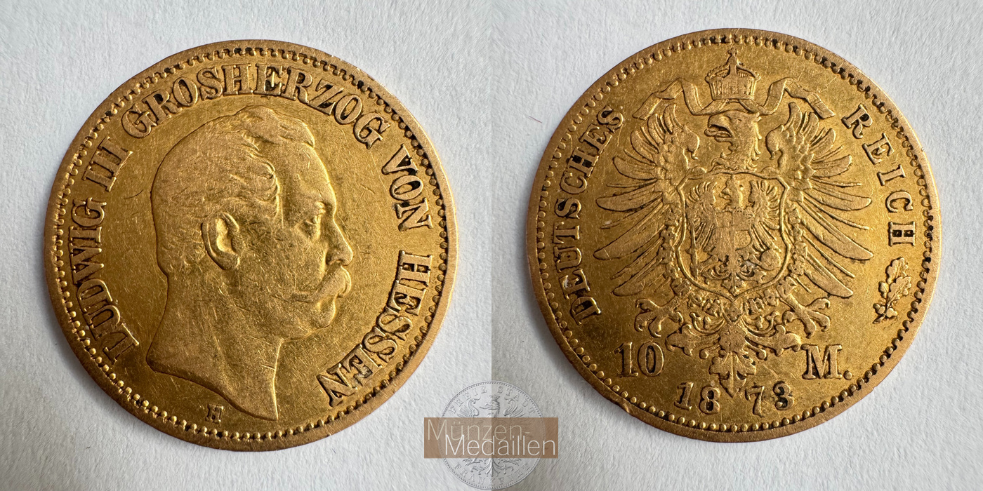  Dt. Reich Hessen 10 Mark Louis III 1873 (1872-73) H MM-Frankfurt KM#350 Feingold: 3,584g   