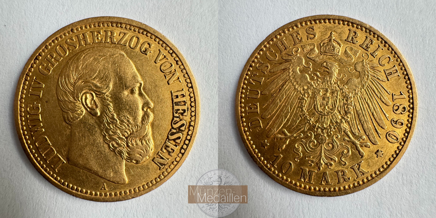  Dt. Reich Hessen 10 Mark Louis IV 1890 A MM-Frankfurt KM#362 Feingold: 3,584g   