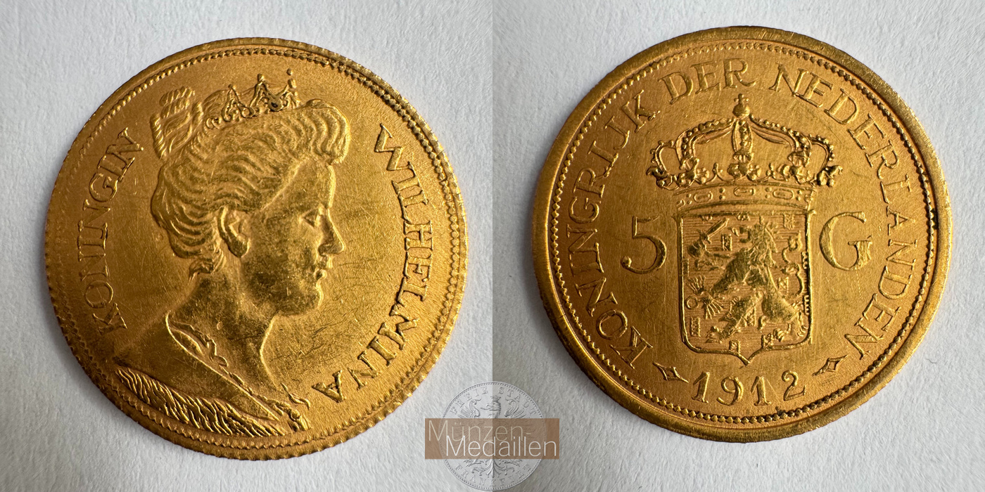 Niederlande, Wilhelmina MM-Frankfurt KM#151 Feingold: 3,02g 5 Gulden 1912 