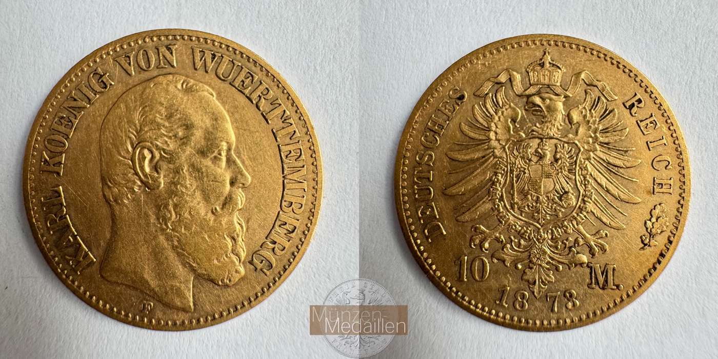  Dt. Reich Württemberg 10 Mark Charles I 1873 (1872-73) F MM-Frankfurt KM#621 Feinsilber: 3,584g   