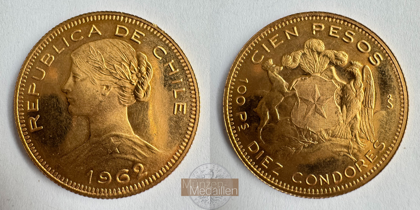 Chile 100 Pesos 1962 (1932-80) MM-Frankfurt KM#175 Feingold: 18,3g   