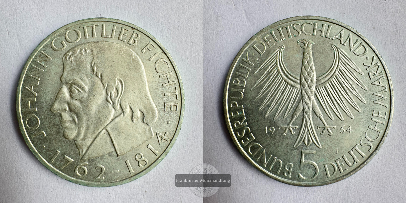  Deutschland 5 Mark 1964 J 150. Todestag v. Johann Gottlieb Fichte FM-Frankfurt KM#118 Feinsilber: 7g   