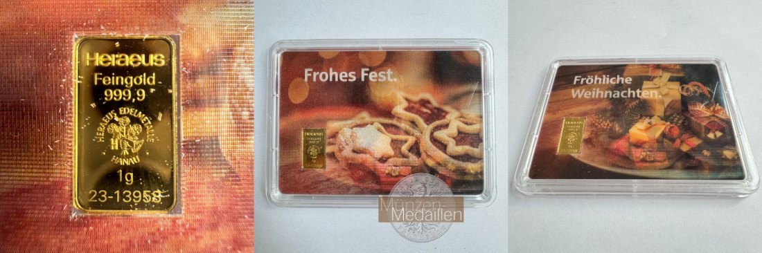  Deutschland Weihnachtsgeschenk 0.999er Goldbarren 1g Heraeus MM-Frankfurt Feingold: 1g   