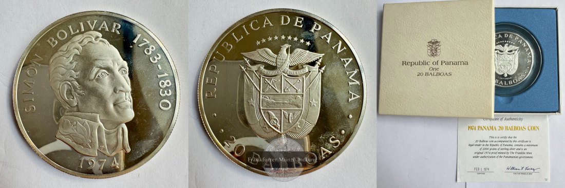  Panama 20 Balboas (Simón Bolívar) 1974 (1972-76) FM-Frankfurt KM#31 Feinsilber: 119,87g   
