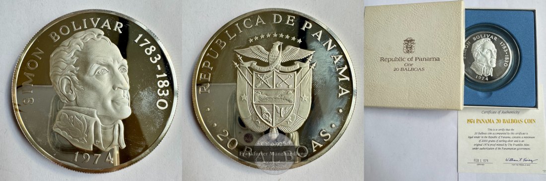  Panama 20 Balboas (Simón Bolívar) 1974 (1972-76) FM-Frankfurt KM#31 Feinsilber: 119,87g   