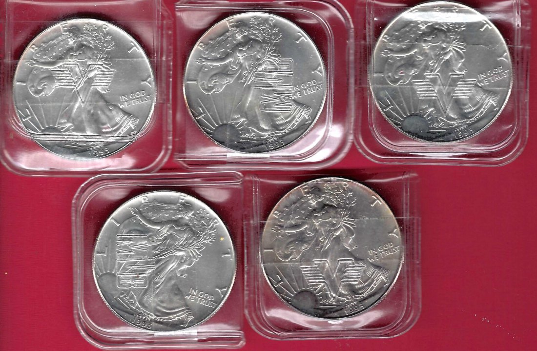  5x USA 1 D.Silver Eagle 1993 1 OZ Feinsilber Münzankauf Koblenz Frank Maurer AL 908   