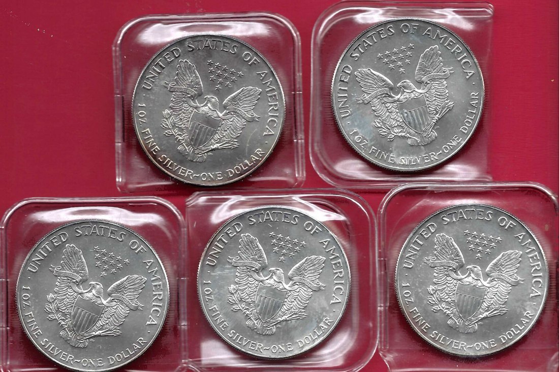  5x USA 1 D.Silver Eagle 1993 1 OZ Feinsilber Münzankauf Koblenz Frank Maurer AL 908   