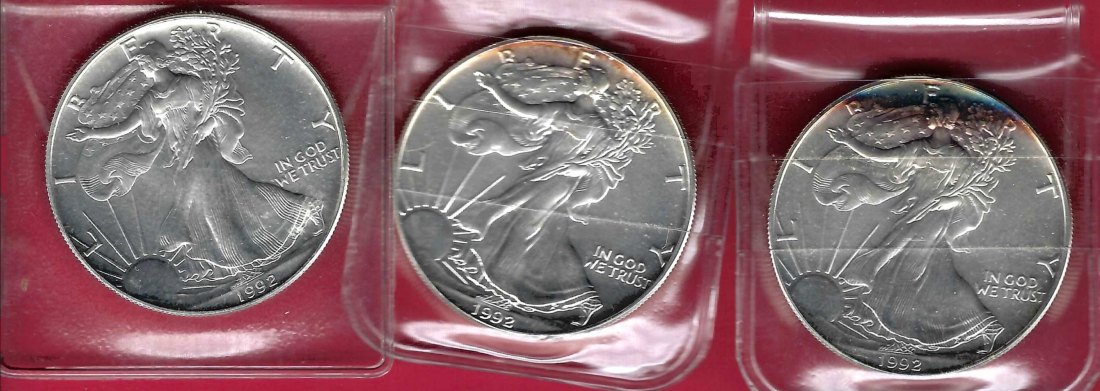  3x USA 1 D.Silver Eagle 1992 1 OZ Feinsilber Münzankauf Koblenz Frank Maurer AL 909   