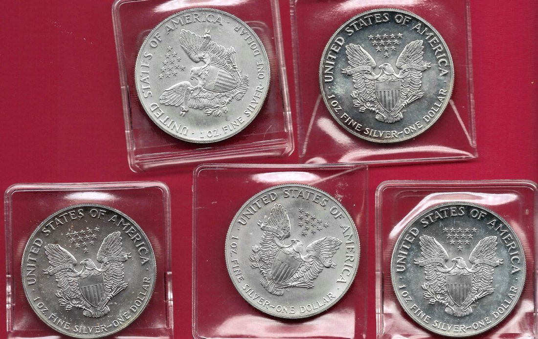  5x USA 1 D.Silver Eagle 1991 1 OZ Feinsilber Münzankauf Koblenz Frank Maurer AL 910   