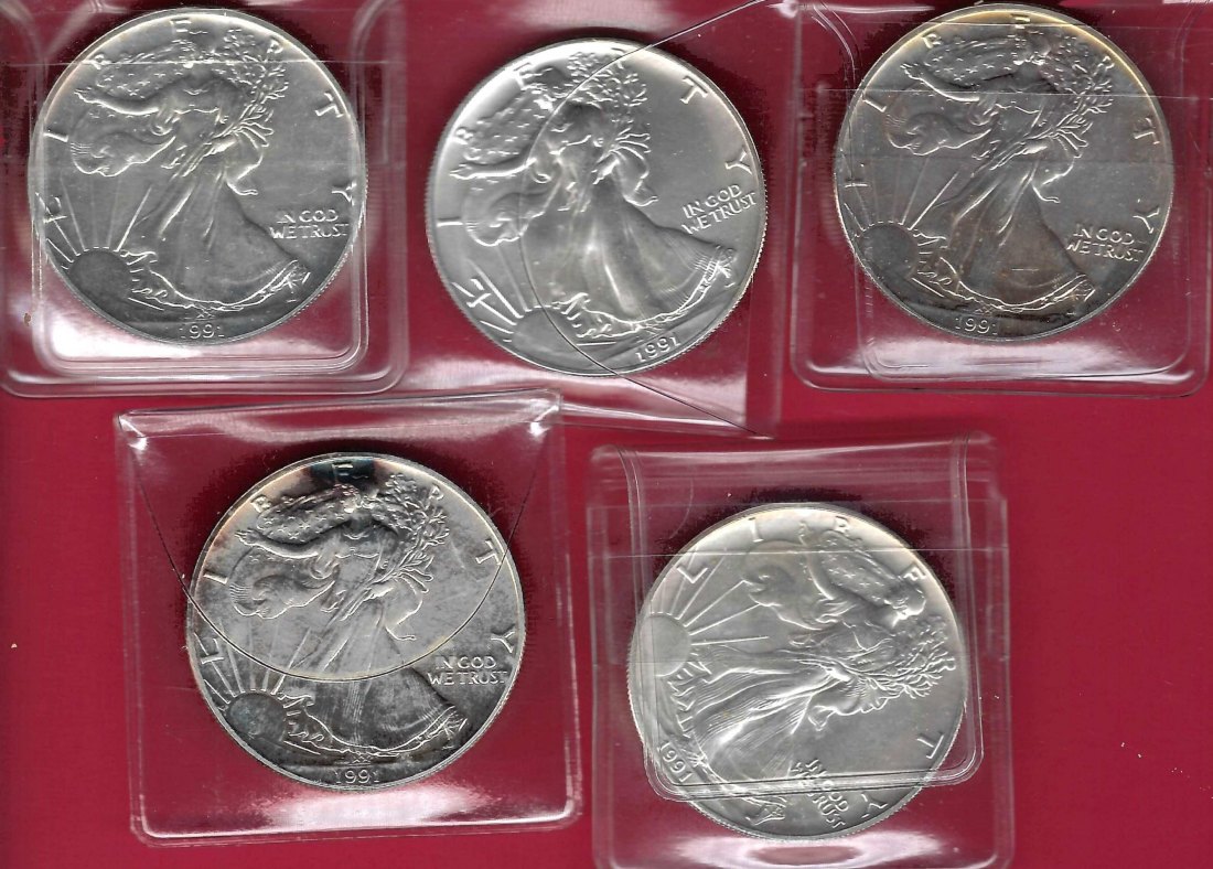  5x USA 1 D.Silver Eagle 1991 1 OZ Feinsilber Münzankauf Koblenz Frank Maurer AL 910   