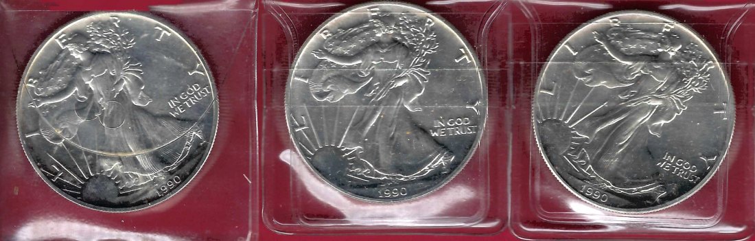  3x USA 1 D.Silver Eagle 1990 1 OZ Feinsilber Münzankauf Koblenz Frank Maurer AL 911   