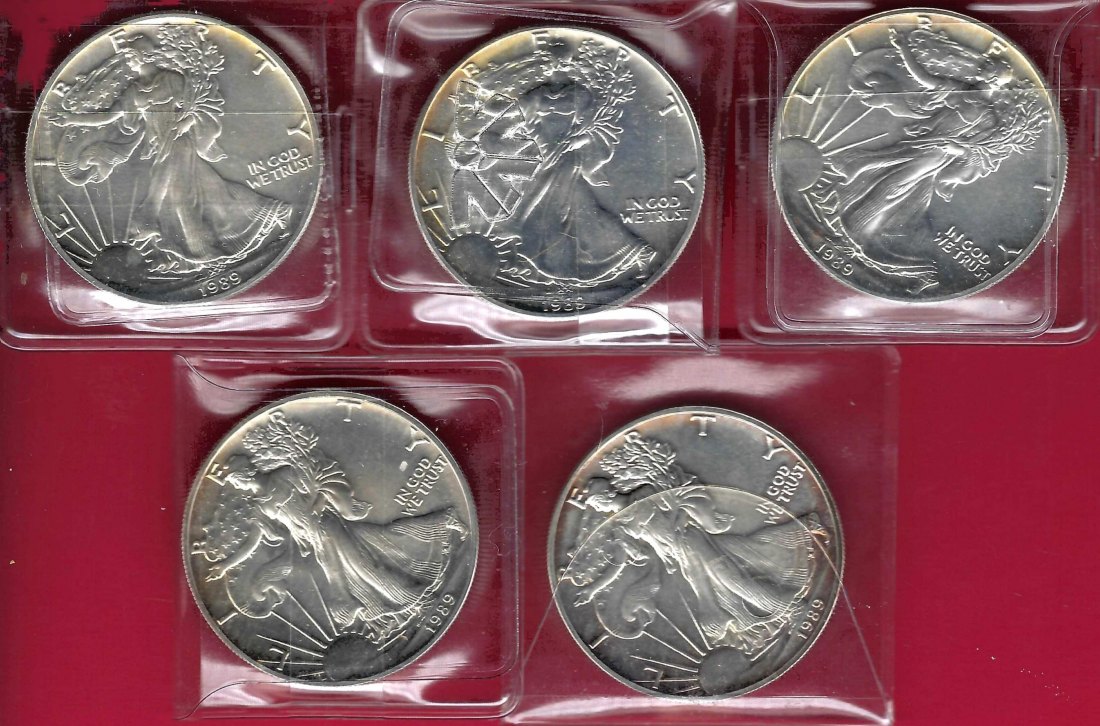  5x USA 1 D.Silver Eagle 1989 1 OZ Feinsilber Münzankauf Koblenz Frank Maurer AL 912   