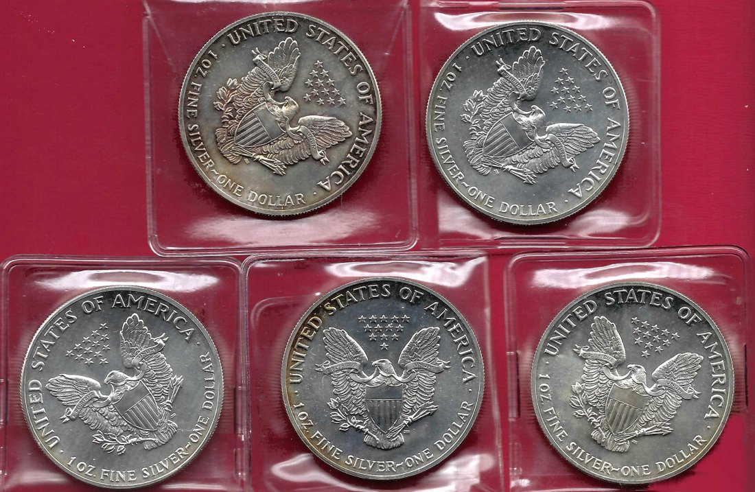  5x USA 1 D.Silver Eagle 1989 1 OZ Feinsilber Münzankauf Koblenz Frank Maurer AL 912   