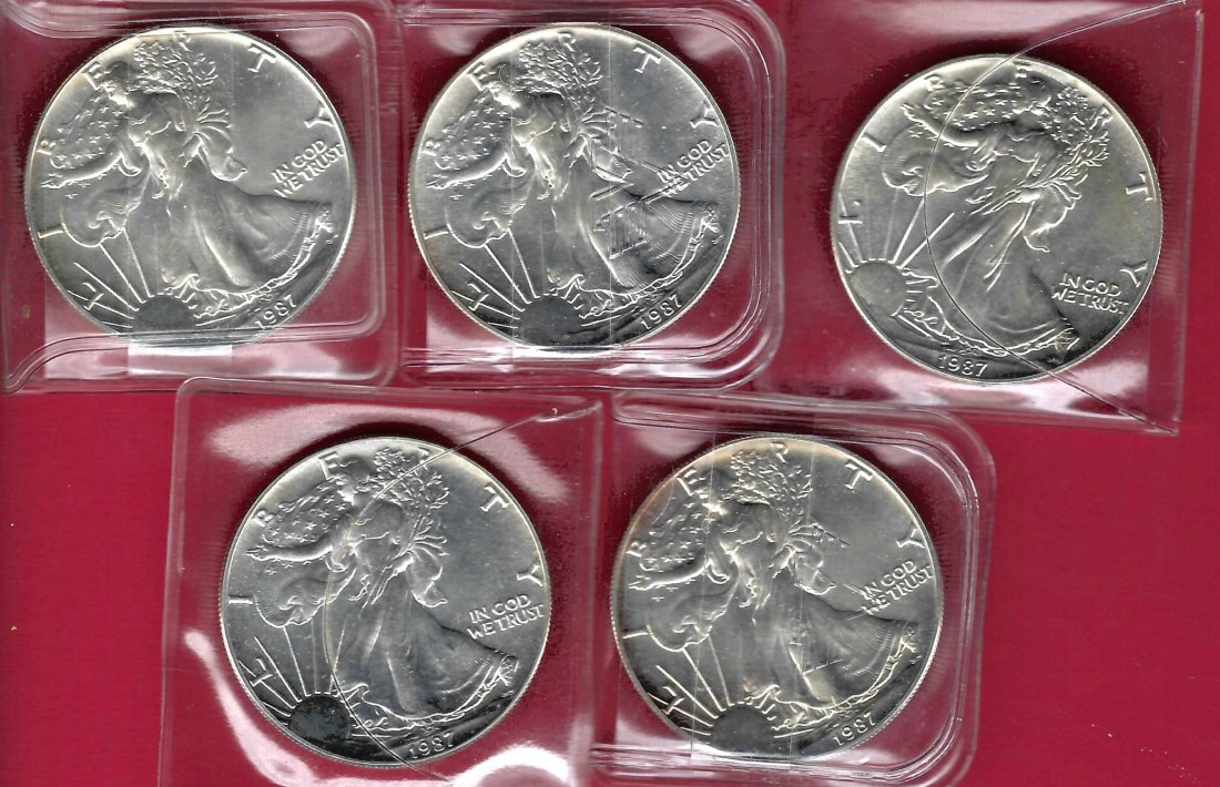  5x USA 1 D.Silver Eagle 1987 1 OZ Feinsilber Münzankauf Koblenz Frank Maurer AL 914   