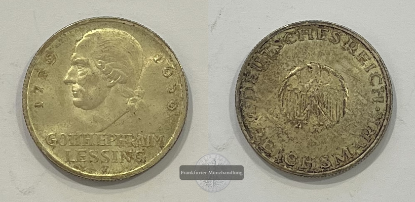  Deutschland 3 Reichsmark 1929 Lessing F KM#60 FM-Frankfurt Feinsilber: 7,5g   