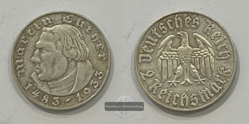  Deutschland Drittes Reich 2 Reichsmark 1933 A  Martin Luther  FM-Frankfurt  Feinsilber: 5g   
