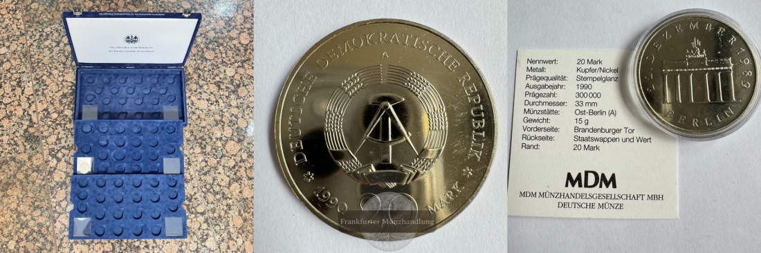  Box 40,5x23x5cm + 20 Mark 1990 Brandenburger Tor FM-Frankfurt CuNi 15g   