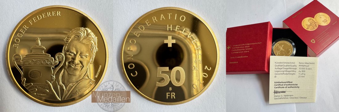  Schweiz 50 Francs (Roger Federer) 2020 B MM-Frankfurt KM#186 Feingold: 10,161g   
