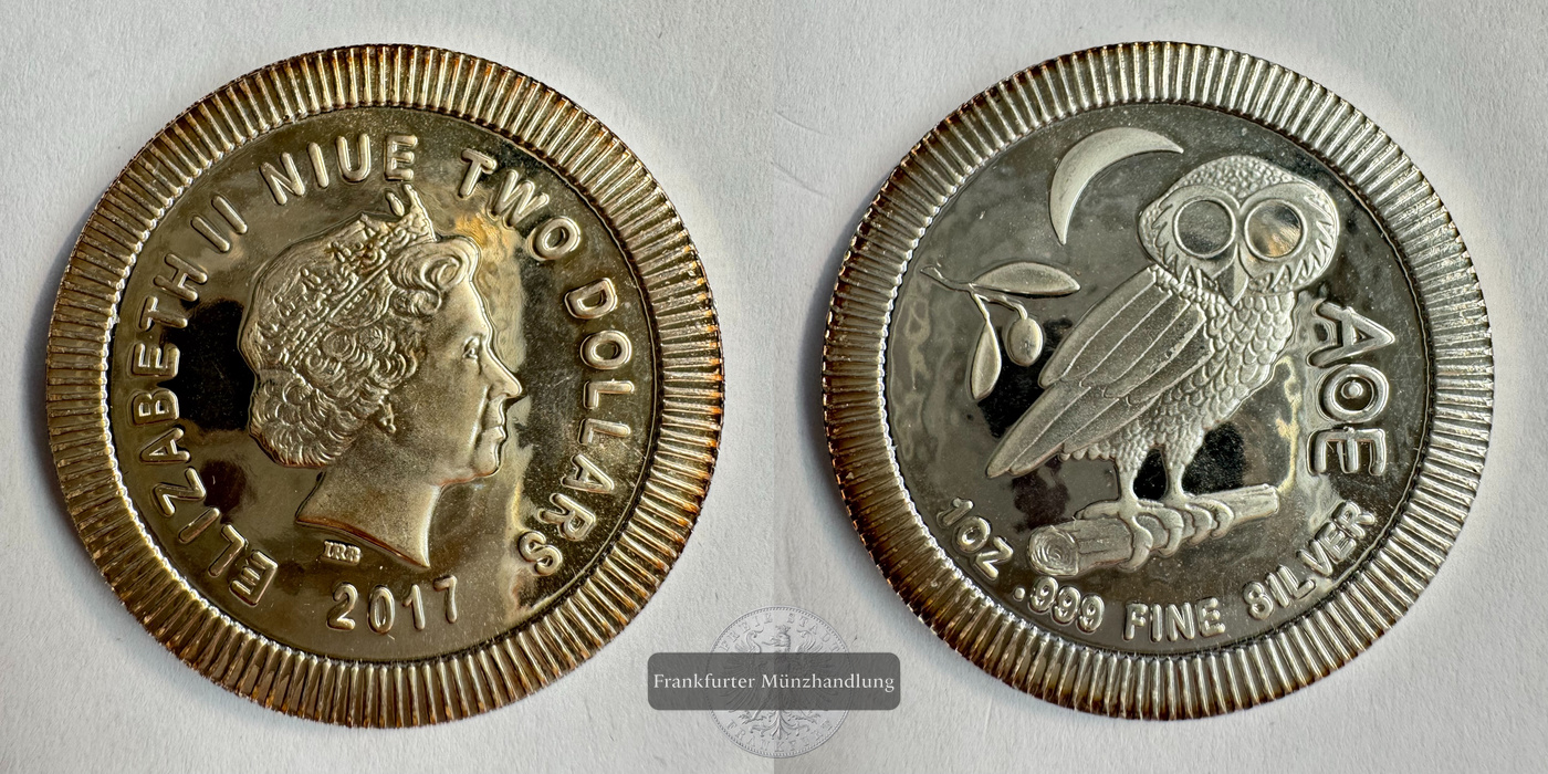  Niue 2 Dollar 2017 (2017-22) Athena Eule FM-Frankfurt KM#1429.1 Feinsilber: 31,06g   