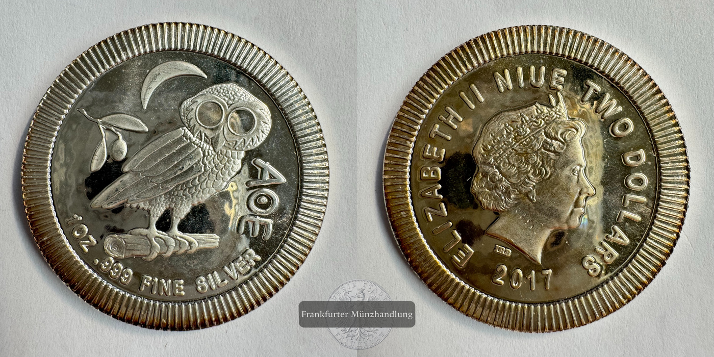  Niue 2 Dollar 2017 (2017-22) Athena Eule FM-Frankfurt KM#1429.1 Feinsilber: 31,06g   