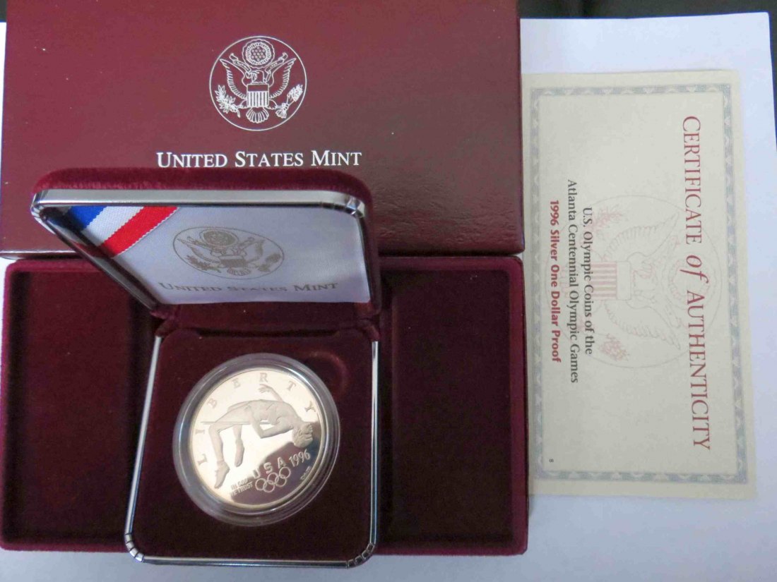USA 1 Dollar 1996 Philadelphia Olympische Spiele Atlanta Hochsprung PP in Etui+ Zertifikat