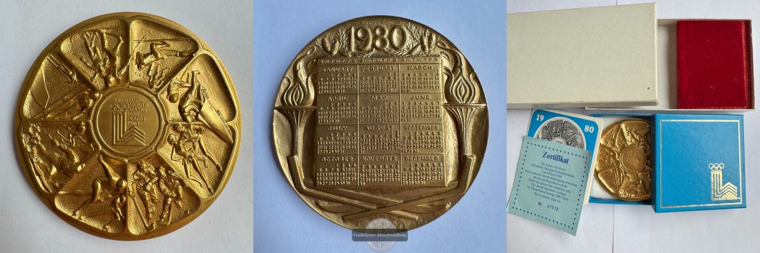 Olympische Spiele Lake Placid 1980 Bronze-Medaille vergoldet FM-Frankfurt Bronze: 252g   