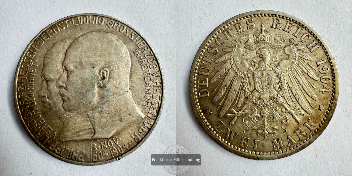  Dt. Hessen 2 Marks Ernest Louis (Philip the Magnanimous) 1904 FM-Frankfurt KM#372 Feinsilber: 10g   