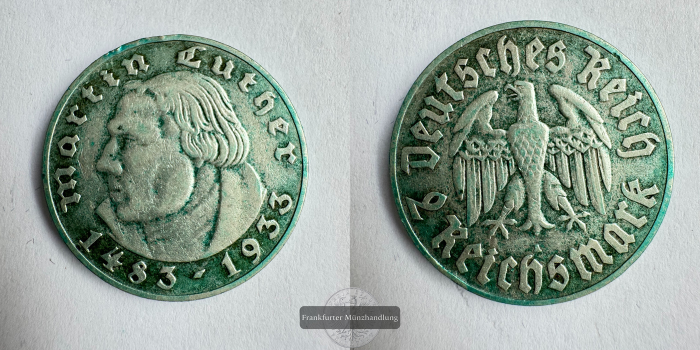  Deutschland Drittes Reich 2 Reichsmark 1933 A Martin Luther FM-Frankfurt Feinsilber: 5g   