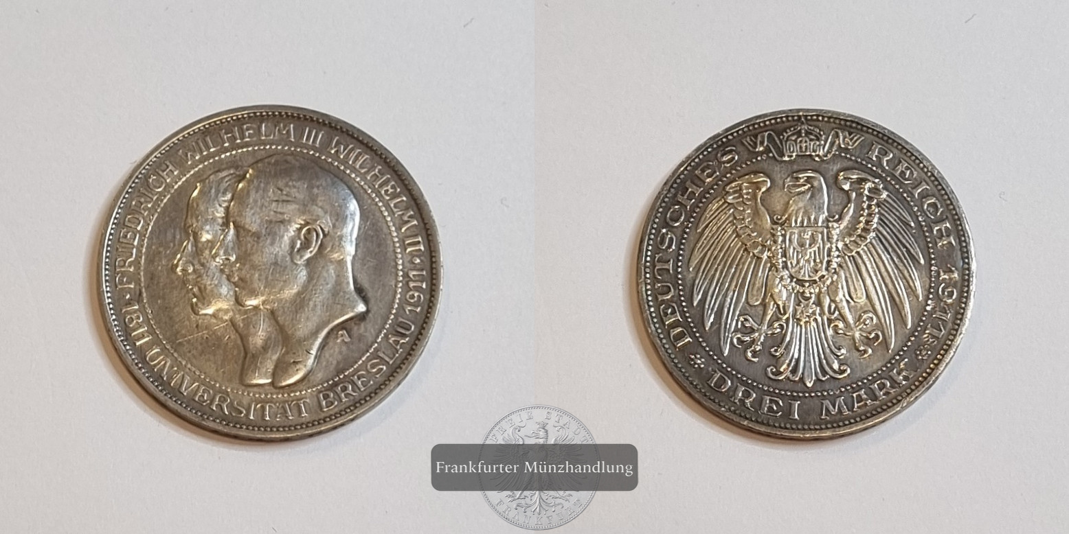  Deutsches Kaiserreich Preussen 3 Mark 1911 Universität Breslau FM-Franfurt Feinsilber: 15g   