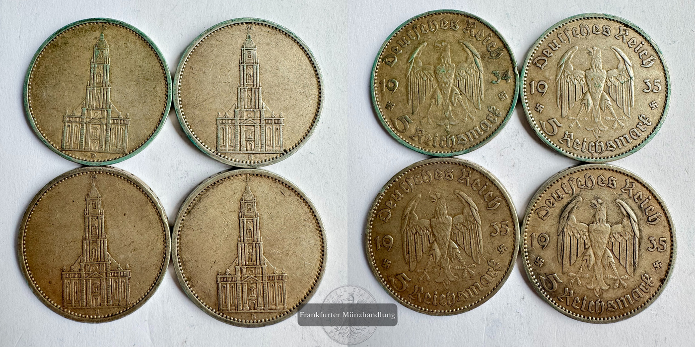  Dt. Drittes Reich 4x 5 Reichsmark 1934/35 Potsdam Garrison Church FM-Frankfurt KM#83 Feinsilber: 50g   