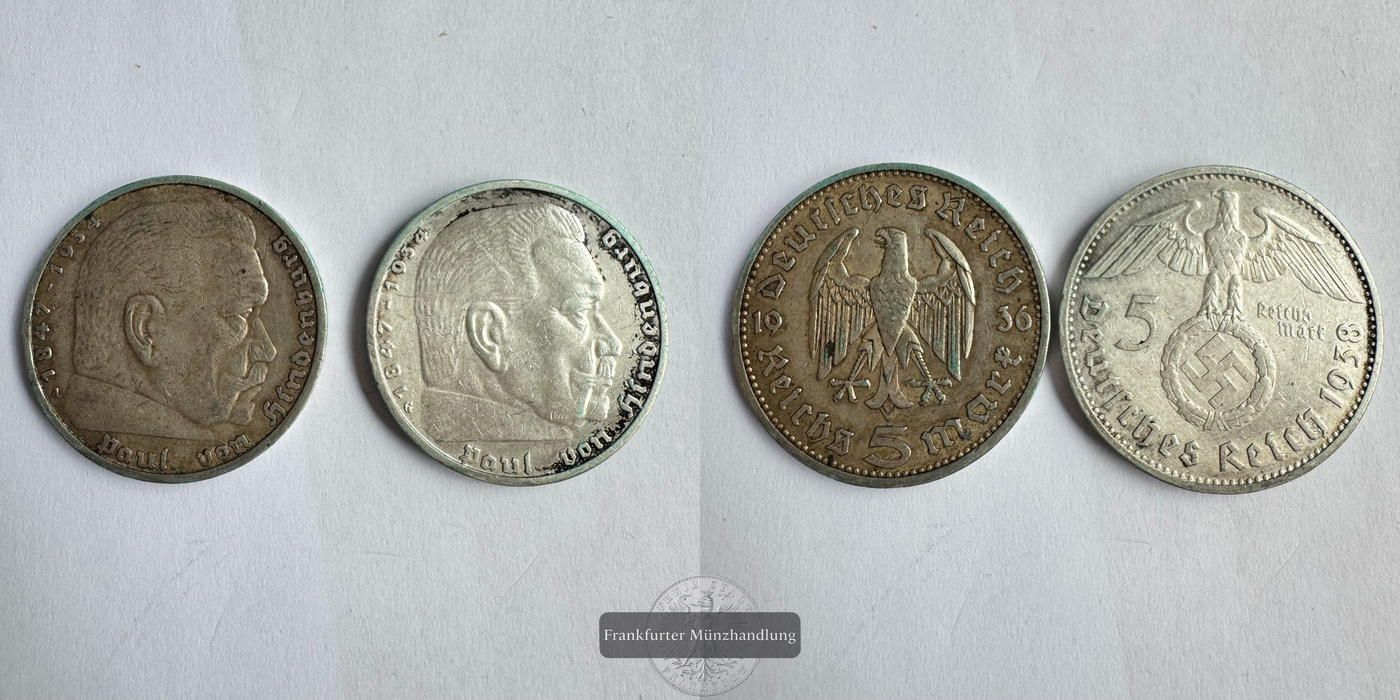  Dt. Reich 5 Reichsmark (Paul von Hindenburg) 1936 & 1938 FM-Frankfurt Feinsilber: 25g   