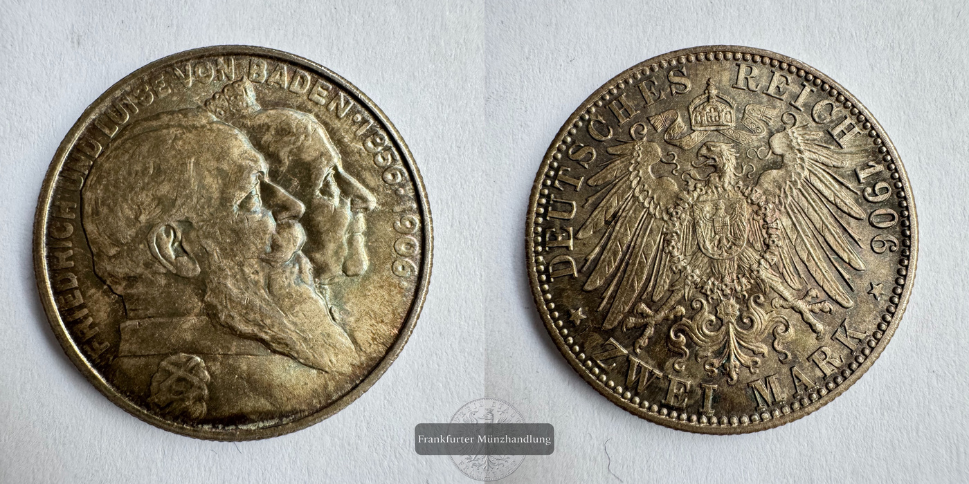  Deutsches Kaiserreich. Baden,  2 Marks 1906 Hochzeit  FM-Frankfurt KM#276 Feinsilber: 10g   