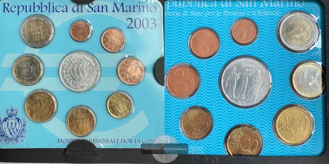  San Marino  Euro-Kursmünzensatz  2003 inkl. 5 Euro Münze FM-Frankfurt Feinsilber: 16,6g   