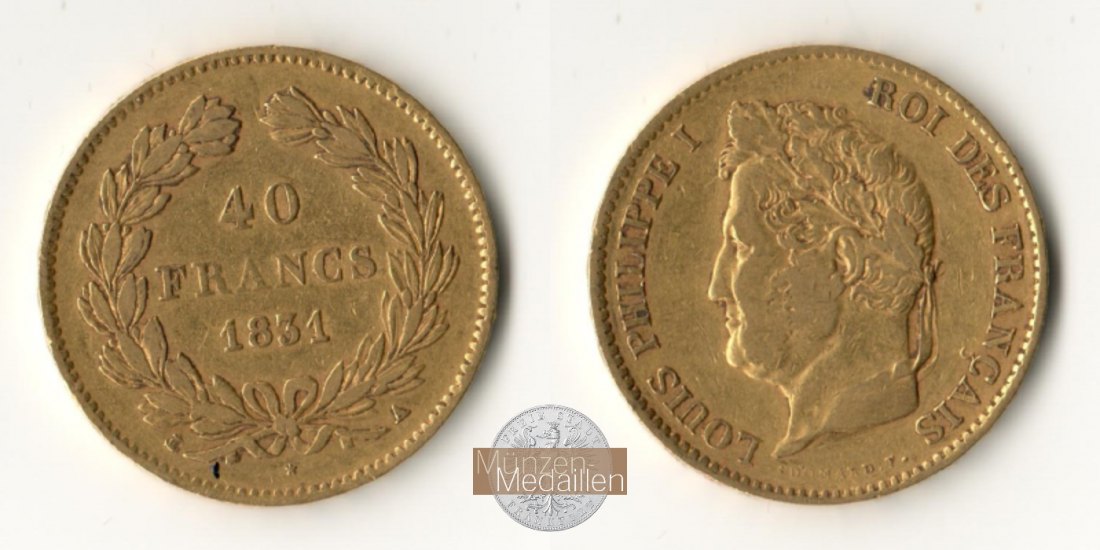 Frankreich, Louis Philippe MM-Frankfurt Feingold: 11,61g 40 Francs 1831 A 