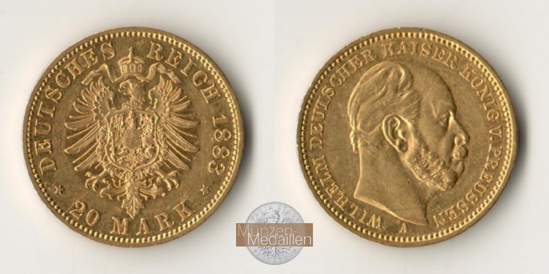 Deutsches Kaiserreich. Preussen MM-Frankfurt Feingold: 7,17g Wilhelm I. 20 Mark 1883 A 