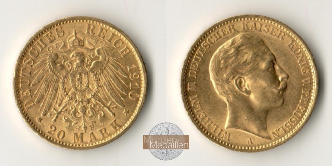 Dt. Kaiserreich. Preussen Wilhelm II. MM-Frankfurt Feingold: 7,17g 20 Mark 1910 A 