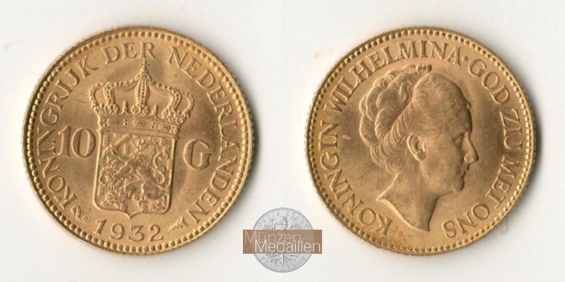 Niederlande, Wilhelmina I MM-Frankfurt KM#162 Feingold: 6,05g 10 Gulden (1925-1933) 1932 