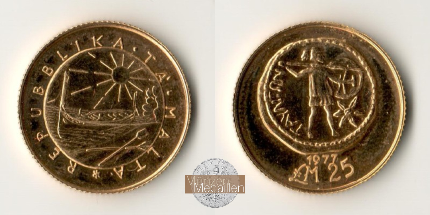Malta, Republik seit 1975. MM- Frankfurt  Feingold: 7,33g 25 Lire 1977 
