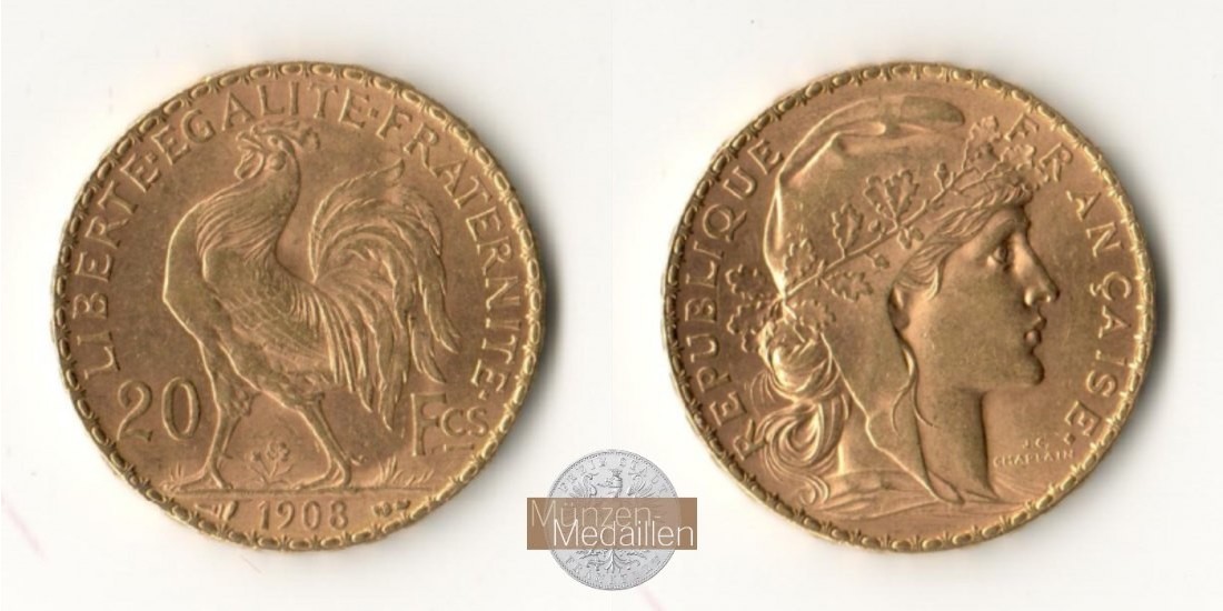  Republik Frankreich, 20 Francs 1908 (1907-1914) MM-Frankfurt KM#857 Feingold: 5,81g   