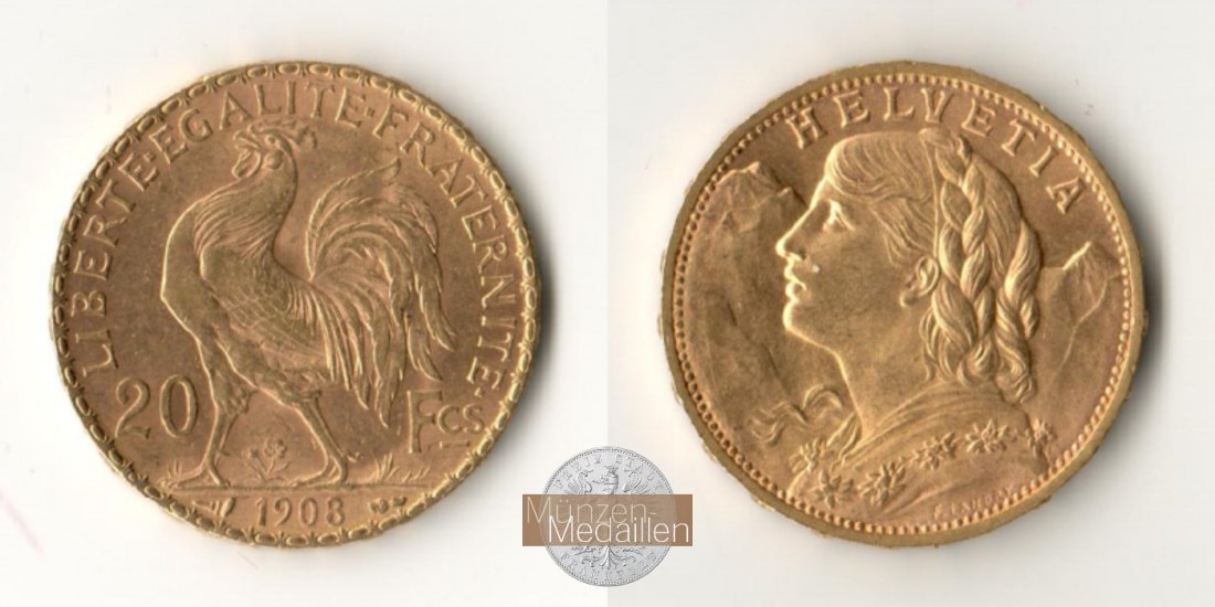  Republik Frankreich, 20 Francs 1908 (1907-1914) MM-Frankfurt KM#857 Feingold: 5,81g   