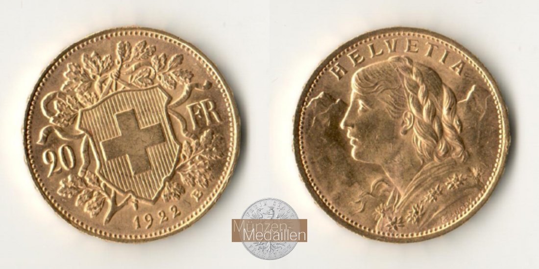 Schweiz  20sFR MM-Frankfurt Feingold: 5,81g Vreneli 1922 B 