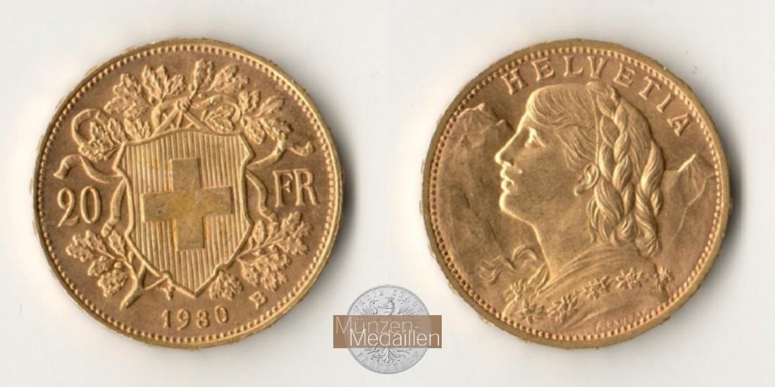 Schweiz MM-Frankfurt Feingewicht: 5,81g 20sFR (Vreneli) 1930 B 