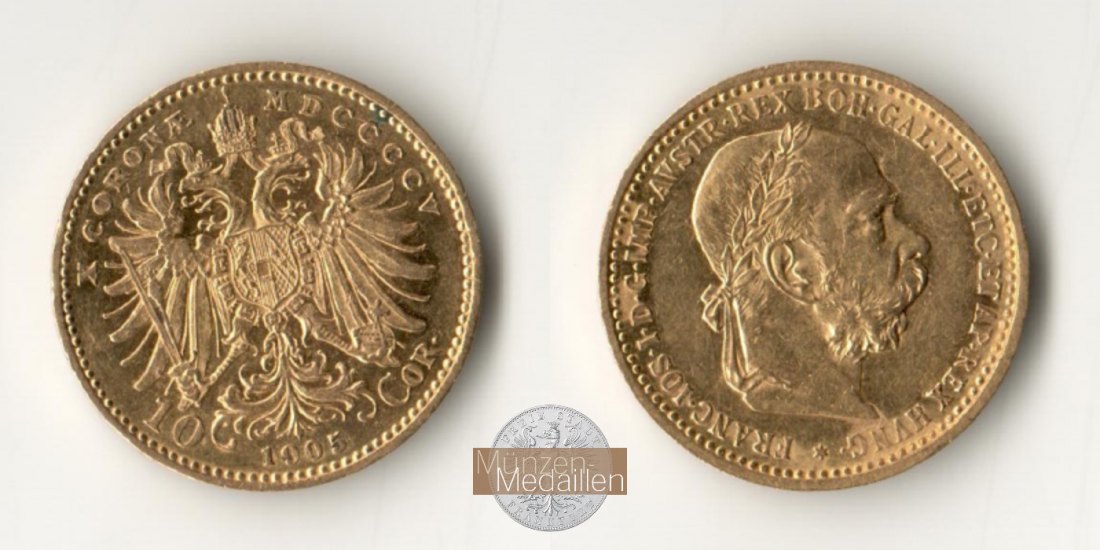  Österreich 10 Corona Francis Joseph I 1905 (1896-1906) MM-Frankfurt Feingold: 3,05g   