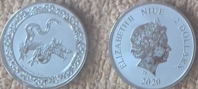  Niue, 2Dollar, 2020,Elizabeth II- Drache, 1oz 999 Silber 31,1g fein lose   