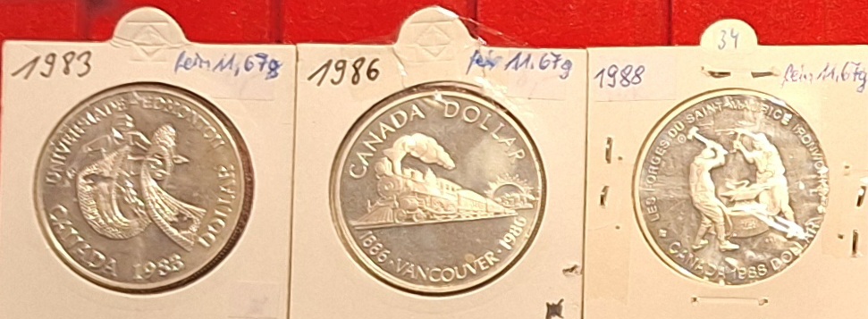  Kanada, Dollar 1983+86 und 88, Elizabeth II 70,05g 500er Silber fein 35,025g   