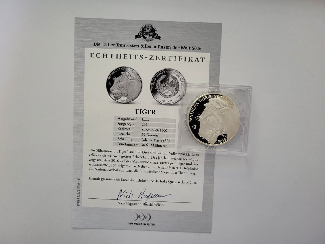  500 Kip 2016 Tiger die 15 berühmtesten Silbermünzen der Welt 999/20g Laos Spittalgold9800 (5455   