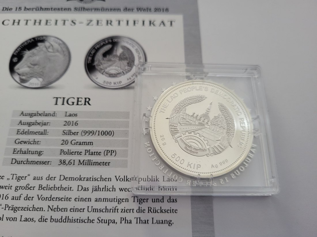  500 Kip 2016 Tiger die 15 berühmtesten Silbermünzen der Welt 999/20g Laos Spittalgold9800 (5455   