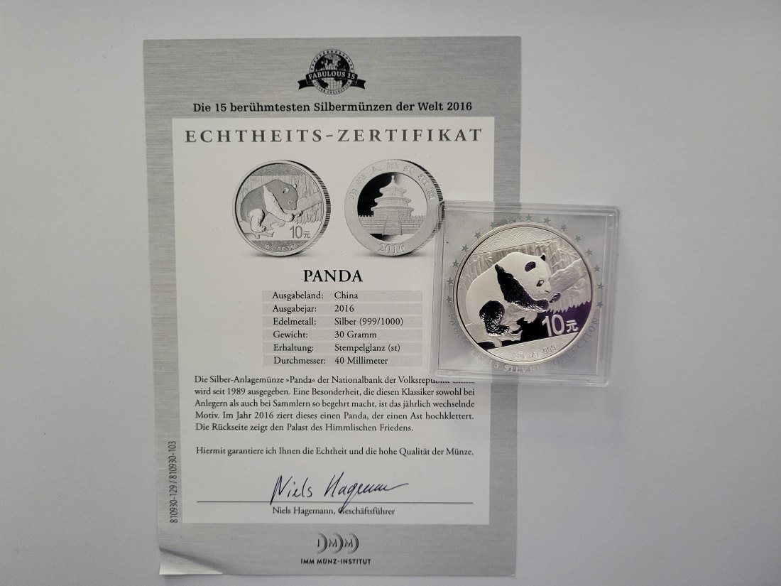  10 Yuan 2016 Panda Die 15 berühmtesten Silbermünzen der Welt 999/30g China Spittalgold9800 (5455   