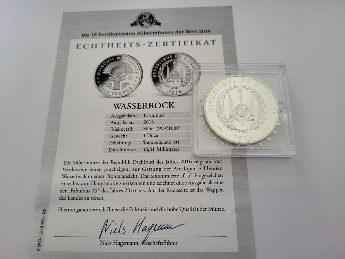  250 Francs 2016 Wasserbock Die 15 berühmtesten Silberm der Welt 1 Oz Dschibuti Spittalgold9800 (5455   