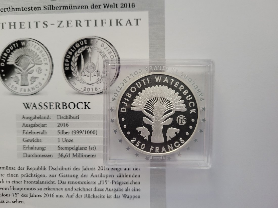  250 Francs 2016 Wasserbock Die 15 berühmtesten Silberm der Welt 1 Oz Dschibuti Spittalgold9800 (5455   